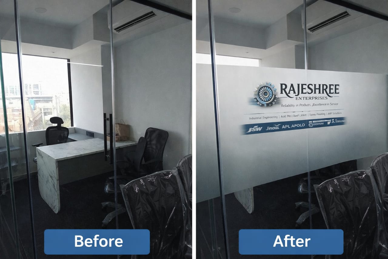 Before and after comparison of an office cabin partition, after showing a frosted band printed with a company logo and client marks