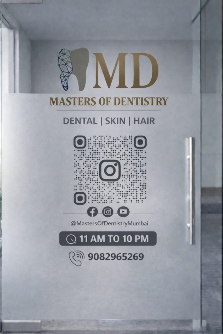 Frosted glass clinic door printed with a dental practice logo, service list, QR code, opening hours and phone number