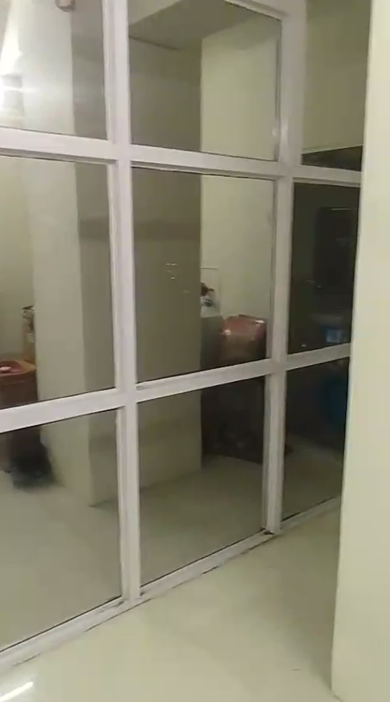 Video panning across a white-framed grid partition with frosted panes in an empty unit