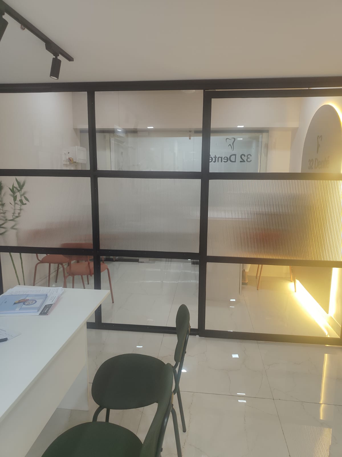 Black-framed clinic partition with reeded translucent panes screening the treatment area from the waiting room