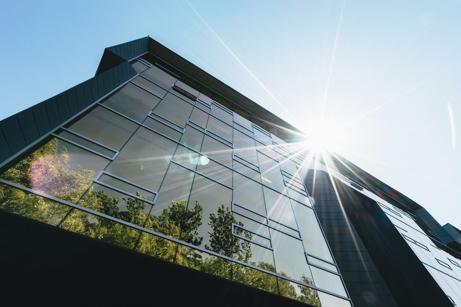 Solar control window film on west-facing floor-to-ceiling office windows, Andheri West Mumbai